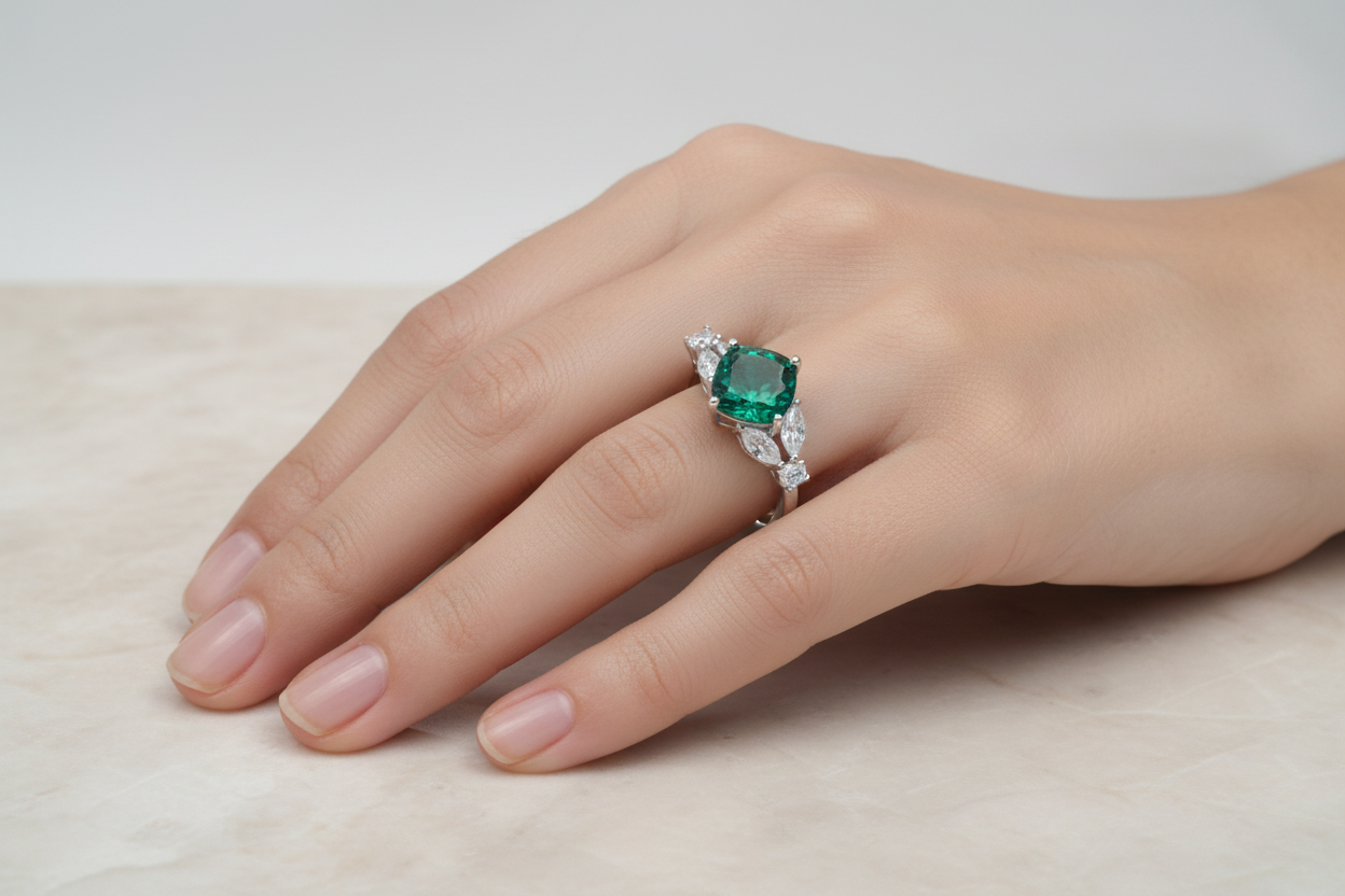 Lab Emerald Marquise Side-Stone Ring — Corrected Wear Shot