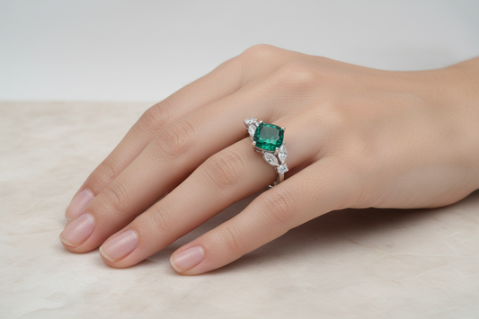 Lab Emerald Marquise Side-Stone Ring — Corrected Wear Shot