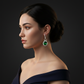 Lab Emerald Oval Halo Drop Earrings with Crown Connector and Pavé Wire — Square Wear Shot