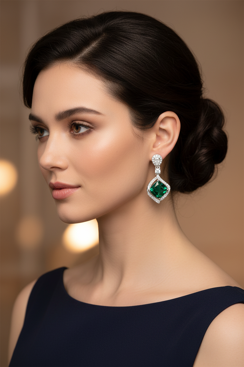 Lab Emerald Pavé Halo Drop Earrings — AI Wear Shot
