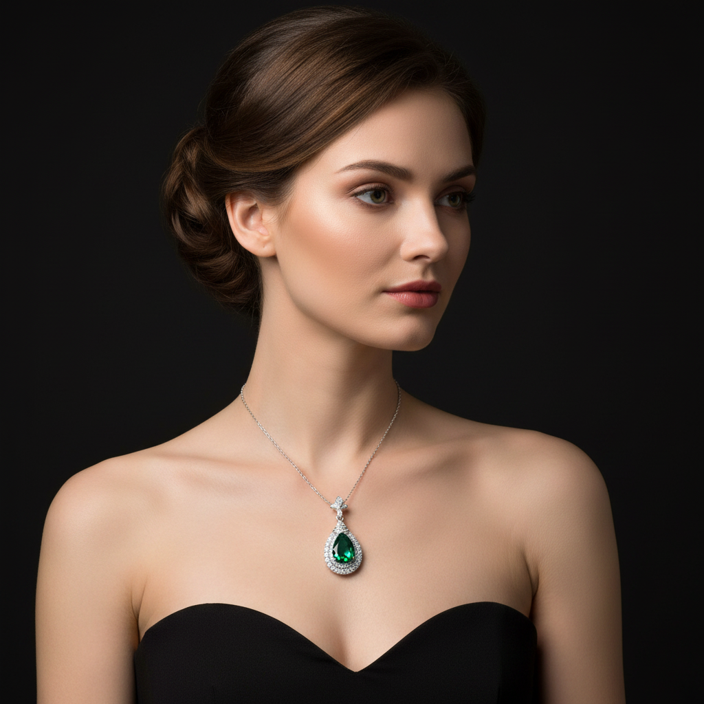 Lab Emerald Pear Double Halo Pendant Necklace with Pavé Bail — Square Wear Shot