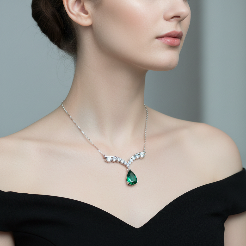 Lab Emerald Pear Drop Tiara Bar Necklace — Square Wear Shot