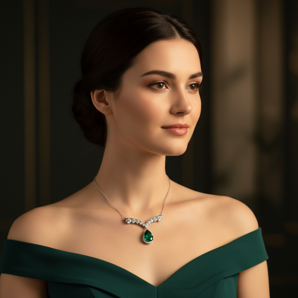 Lab Emerald Pear Halo Drop Pendant with V-Bar Tiara — Square Wear Shot