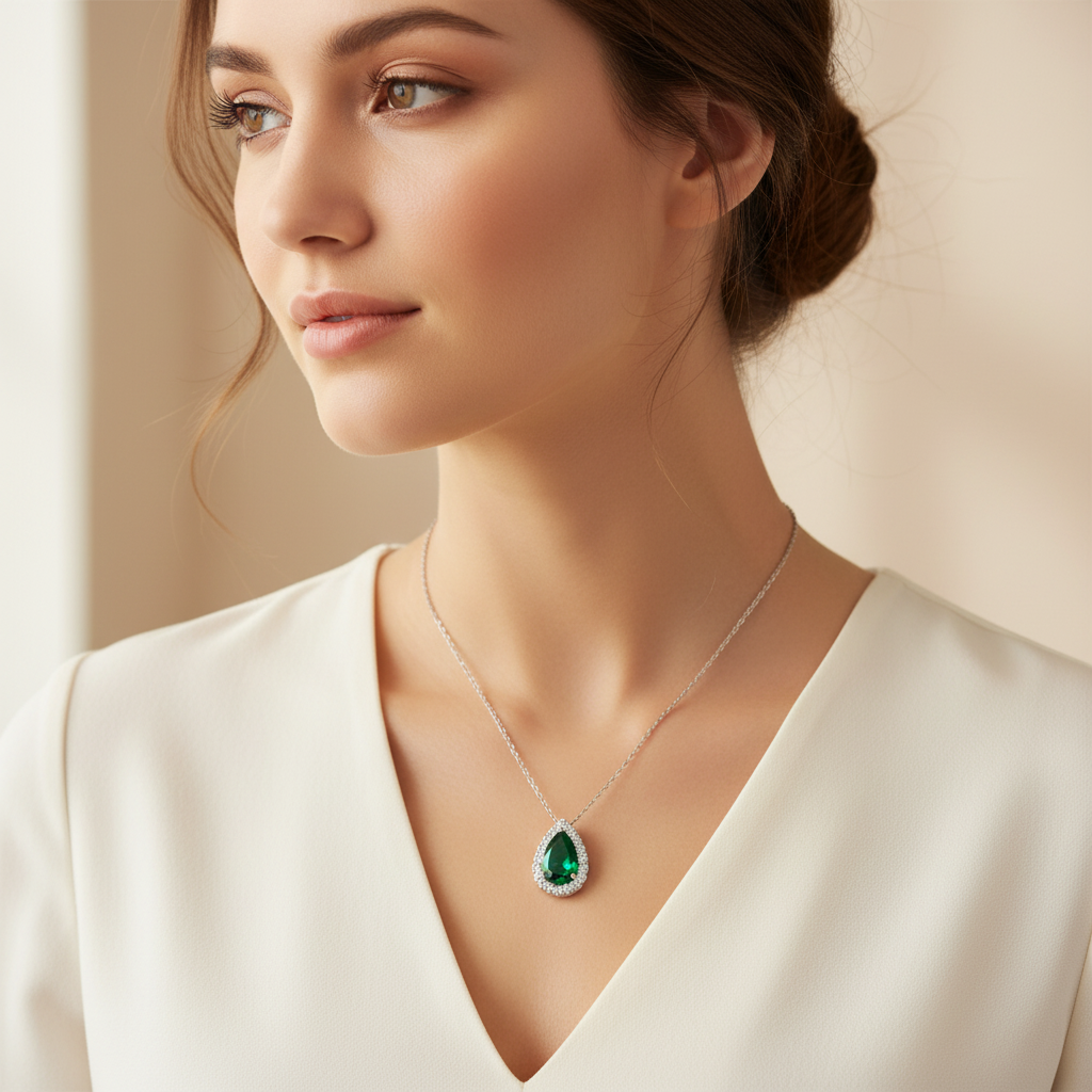 Lab Emerald Pear Halo Pendant Necklace — Square Wear Shot