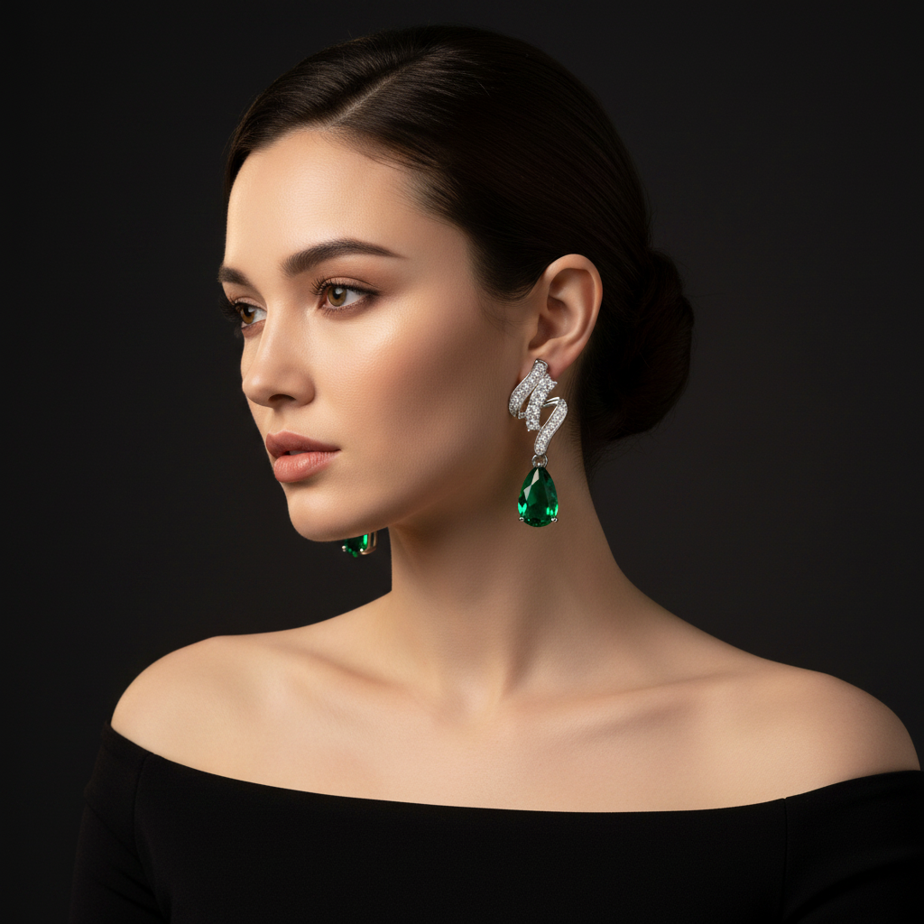 Lab Emerald Pear Solitaire Drop Earrings with Organic Pavé Wave Top — Square Wear Shot