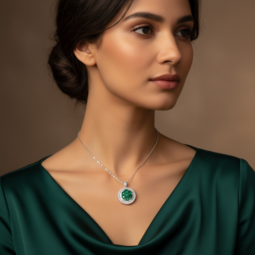 Lab Emerald Seven-Stone Cluster Pendant with Baguette and Round Double Halo — Square Wear Shot