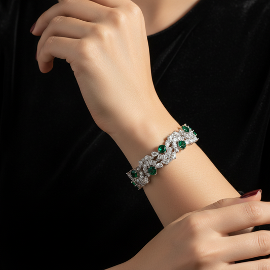 Lab Emerald Station Cluster Bracelet — Square Wear Shot