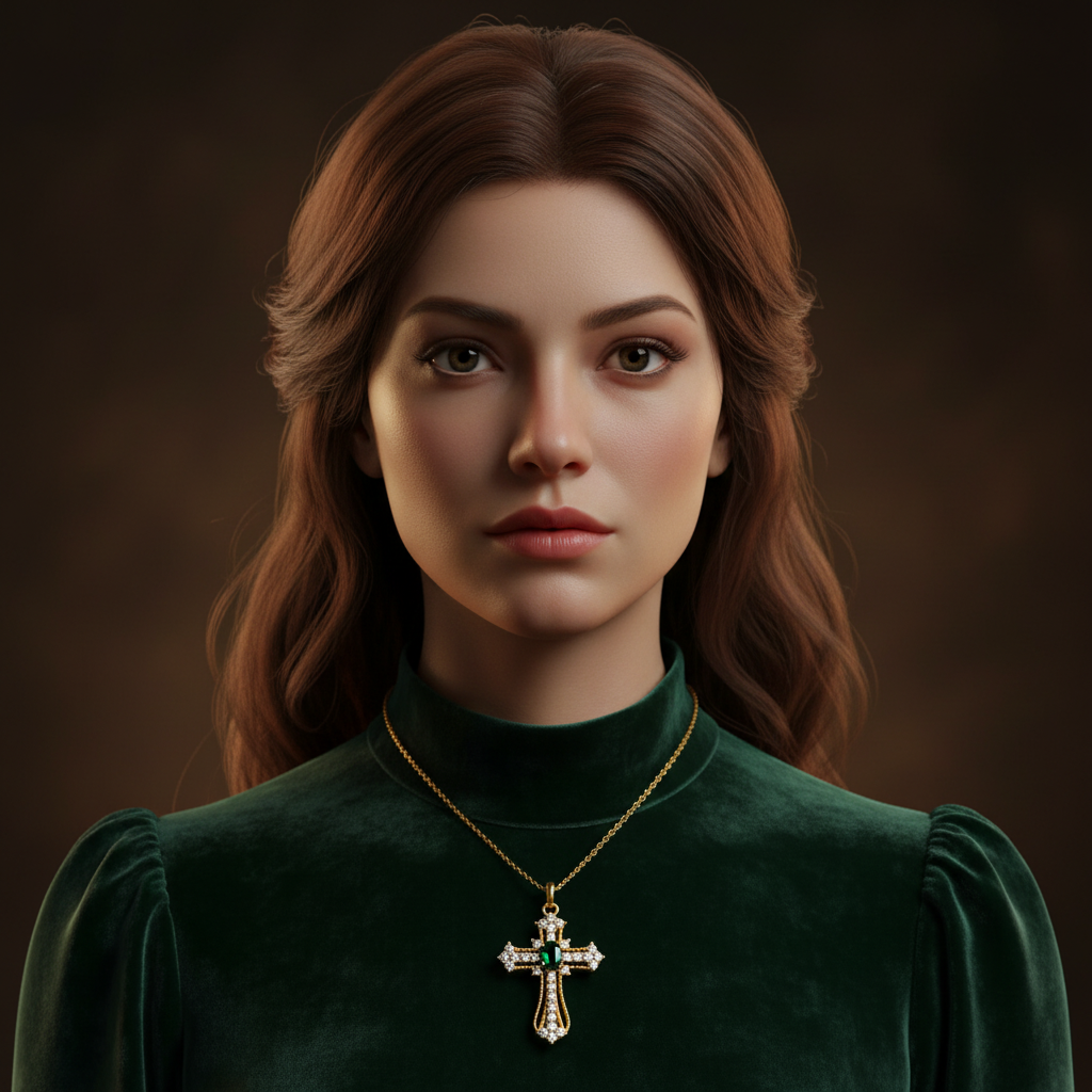 Lab Emerald Victorian Filigree Cross Pendant — Square Wear Shot