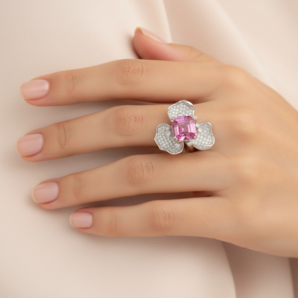 Lab Padparadscha Floral Pavé Ring — Square Wear Shot