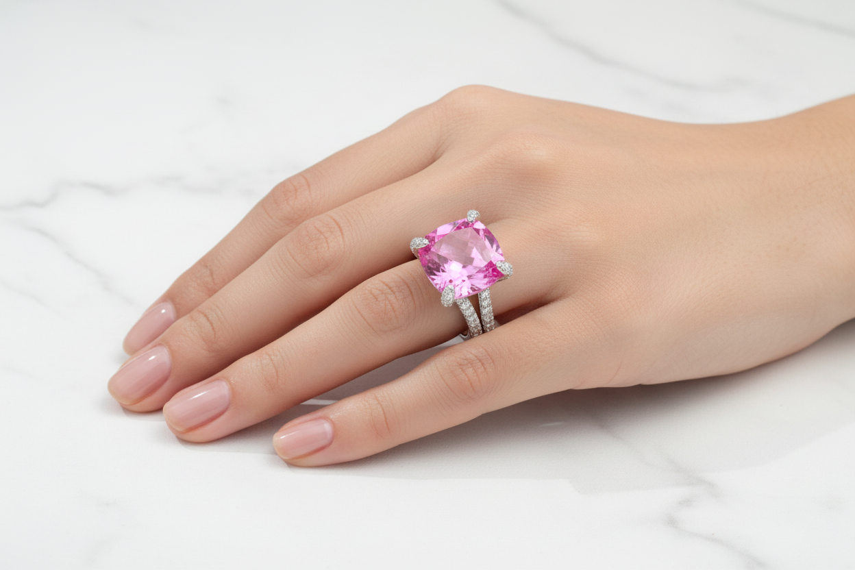 Lab Padparadscha Ring — Corrected Pink Wear Shot