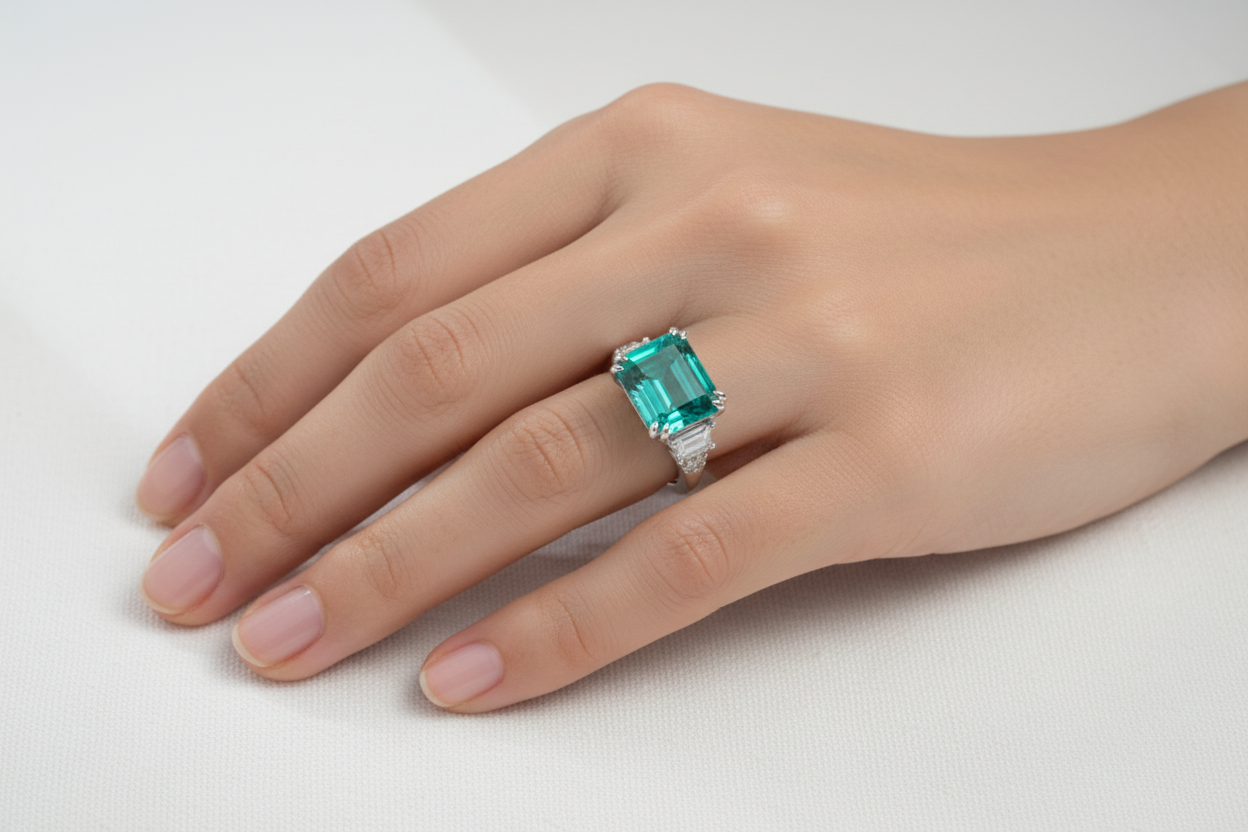 Lab Paraiba Tourmaline Three-Stone Ring — AI Wear Shot