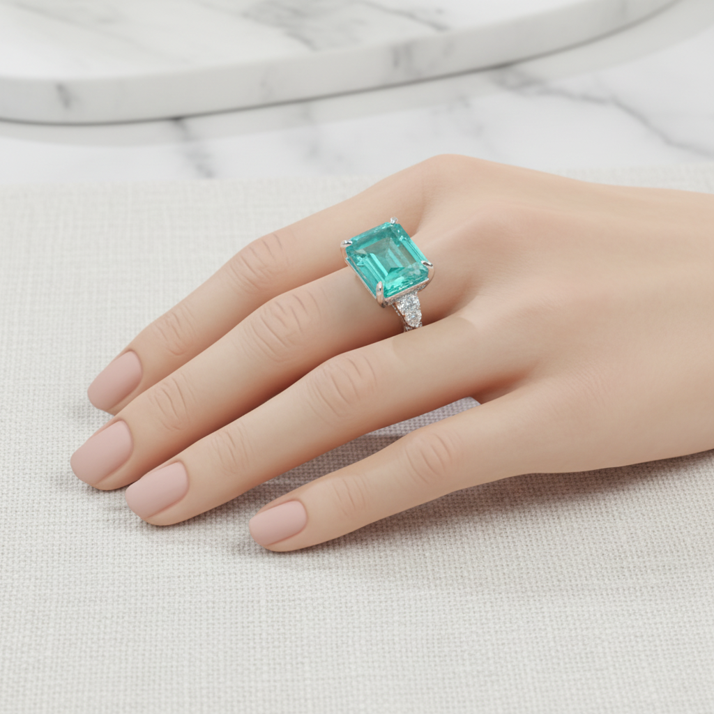 Lab Paraiba Tourmaline Three-Stone Ring — Corrected Square Wear Shot