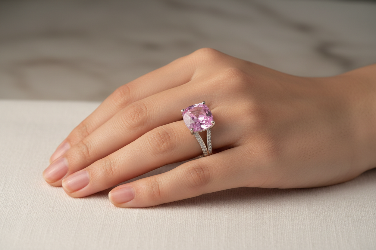 Lab Pink Diamond Cushion Cut Ring — AI Model Wear Shot