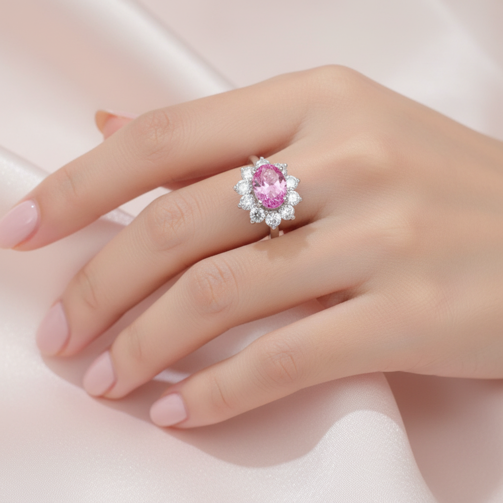 Lab Pink Diamond Floral Cluster Halo Ring — Square Wear Shot