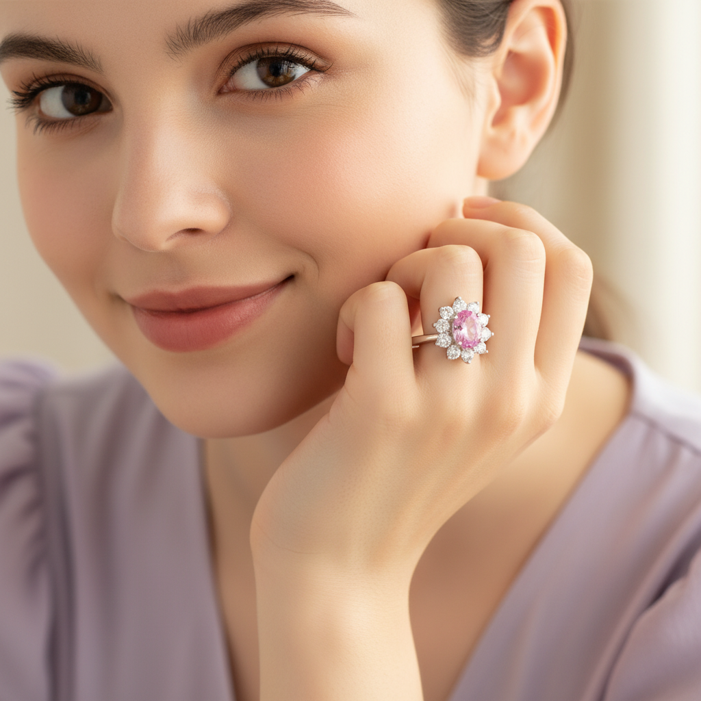 Lab Pink Diamond Floral Cluster Ring — Lifestyle Portrait Wear Shot