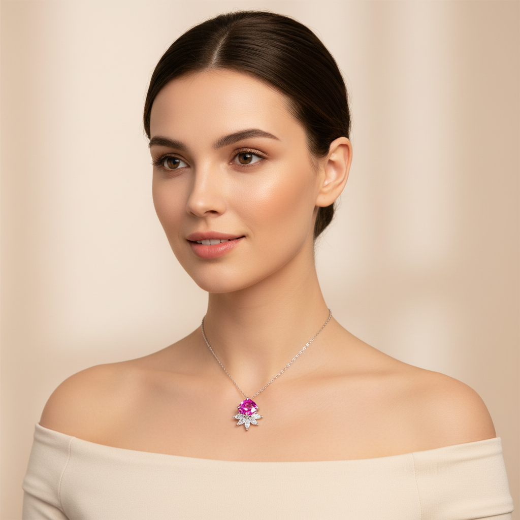 Lab Pink Sapphire Cushion Pendant with Marquise Lower Fan — Corrected Square Wear Shot
