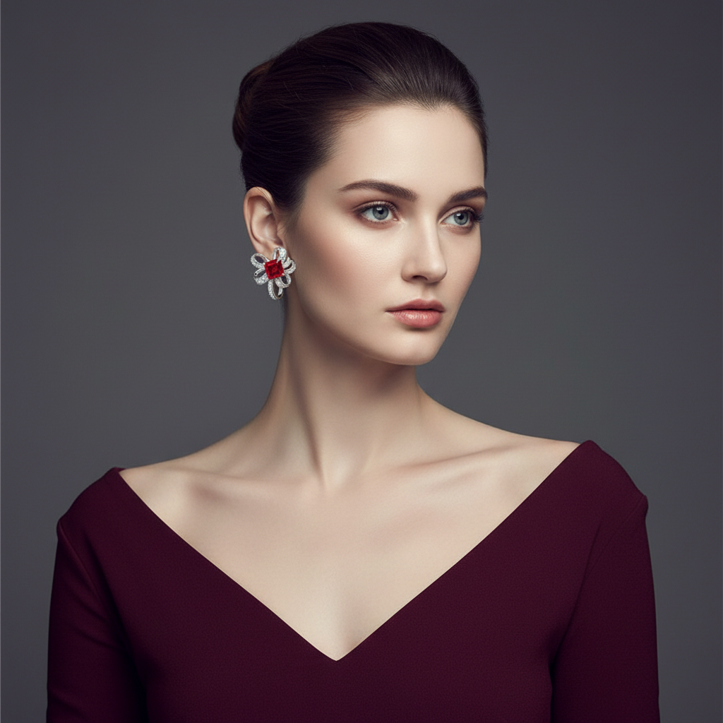 Lab Ruby Asscher Cut Ribbon Bow Stud Earrings — Square Wear Shot