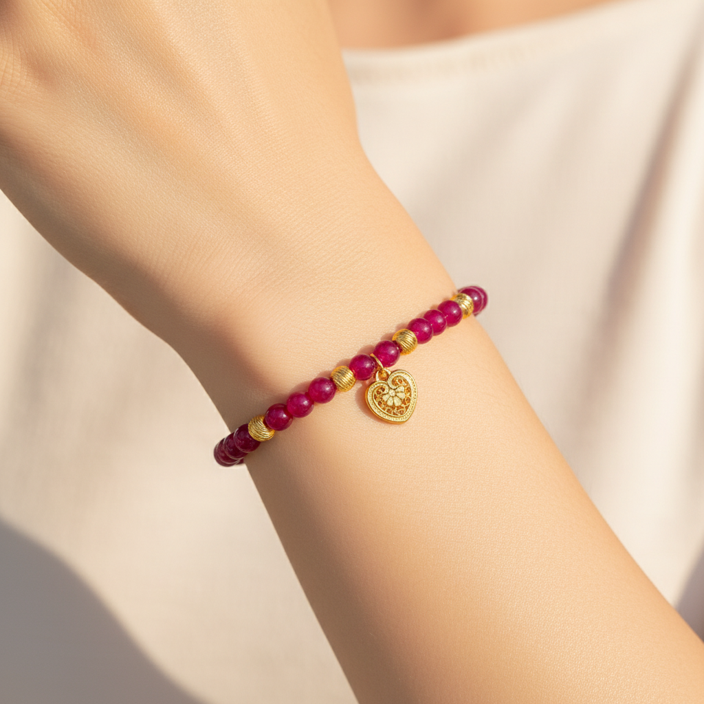Lab Ruby Bead Bracelet Gold Heart Charm — Square Wear Shot