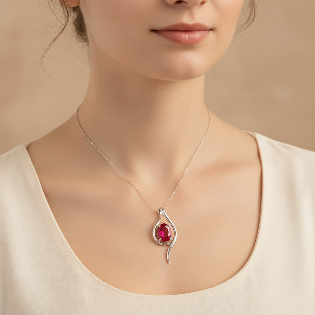 Lab Ruby Bypass Pendant Necklace — Minimalist Square Wear Shot