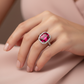 Lab Ruby Cushion Halo Ring — Single Ring Finger Wear Shot