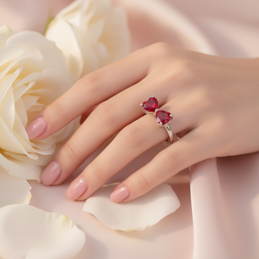 Lab Ruby Double Heart Bow Ring — Square Wear Shot