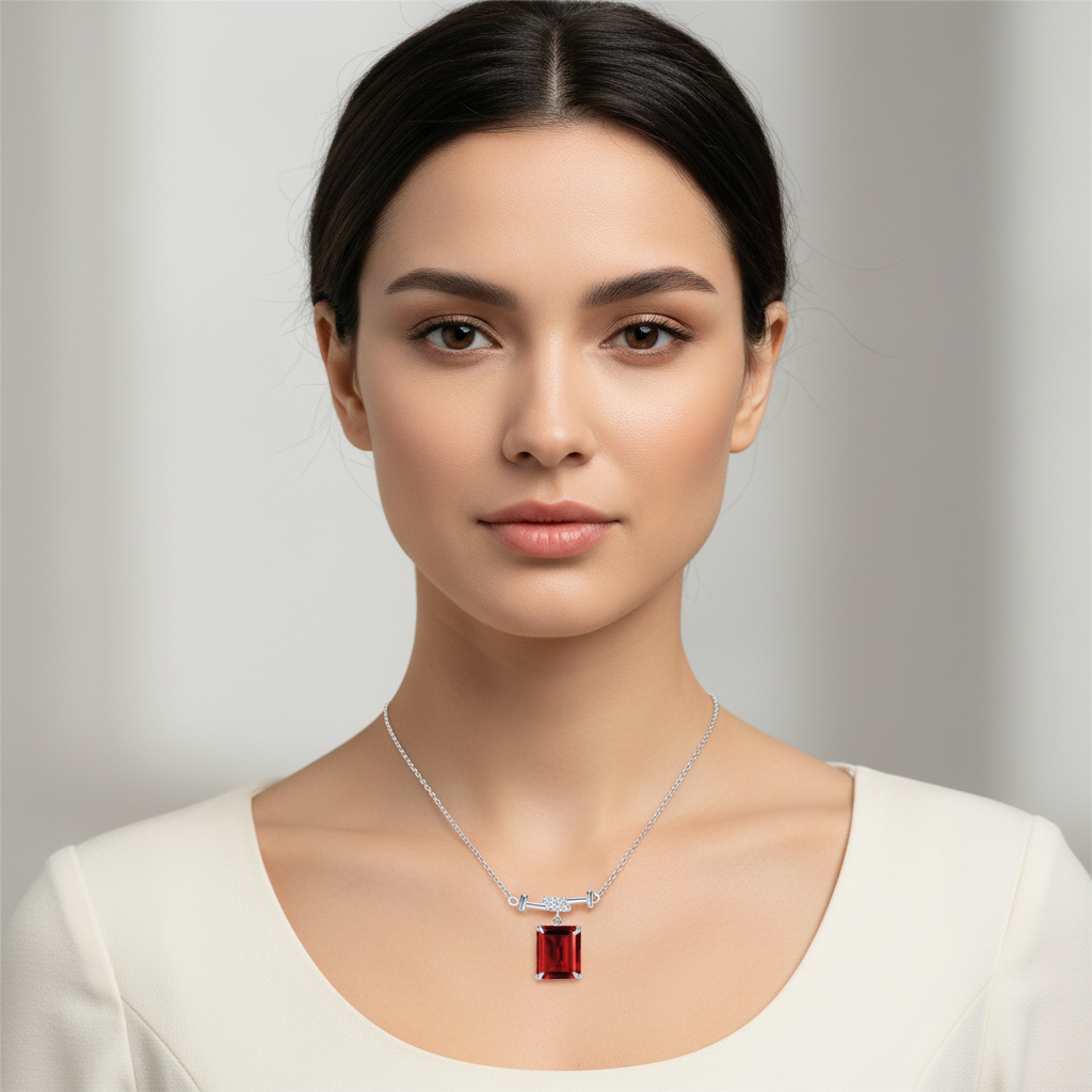 Lab Ruby Emerald Cut Bar-Drop Pendant Necklace — Square Wear Shot