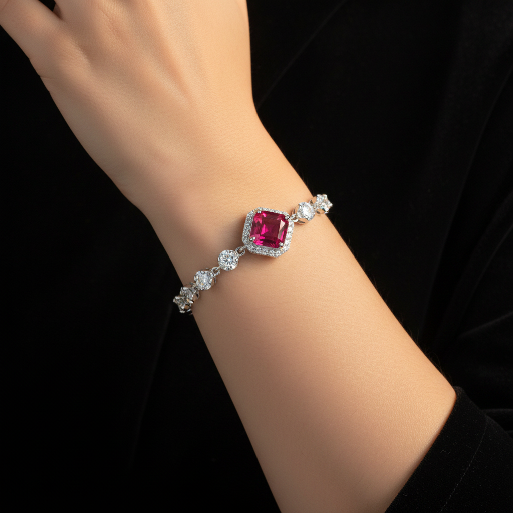 Lab Ruby Emerald Cut Centre Halo Bracelet with Solitaire Chain — Square Wear Shot