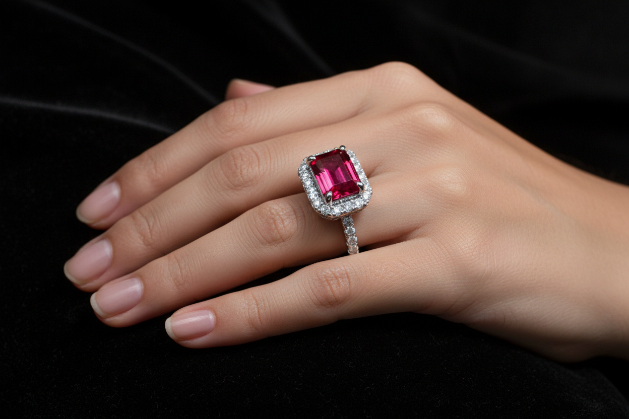 Lab Ruby Emerald Cut Pavé Halo Ring — AI Wear Shot