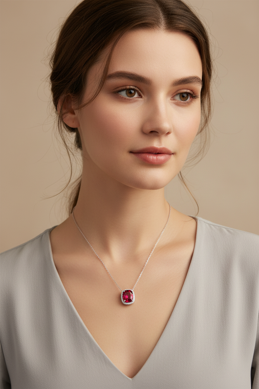 Lab Ruby Halo Pendant Necklace — AI Wear Shot