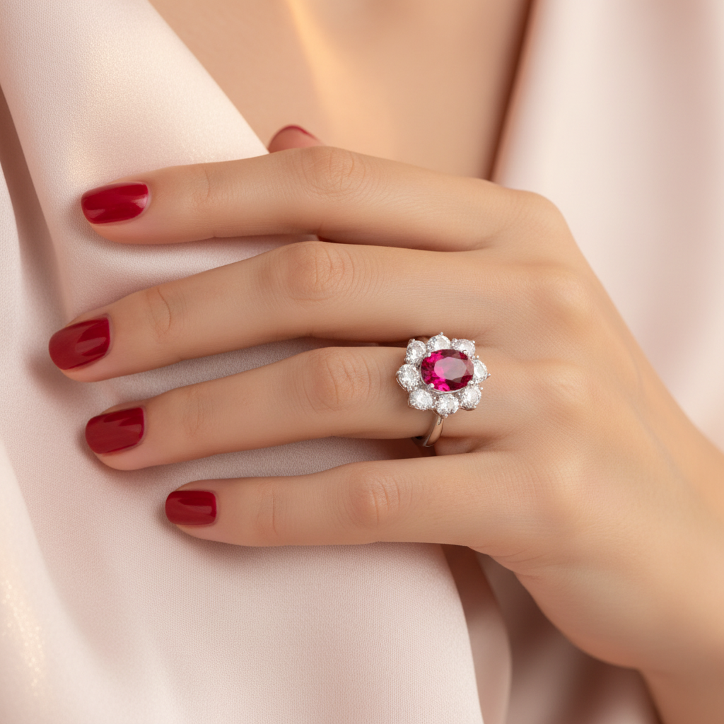 Lab Ruby Oval Cluster Ring — Royal Style Square Wear Shot
