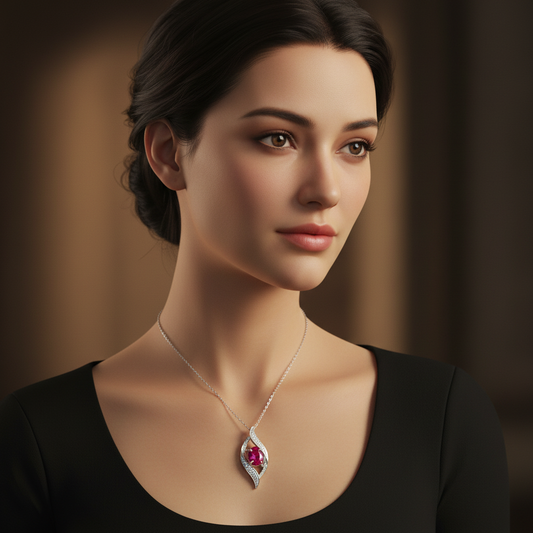 Lab Ruby Oval Flame Frame Pendant — Square Wear Shot