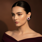 Lab Ruby Oval Sunflower Stud Earrings — Square Wear Shot
