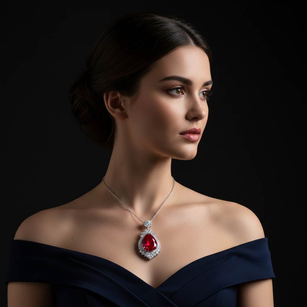 Lab Ruby Pear Double Halo Grand Drop Pendant — Square Wear Shot