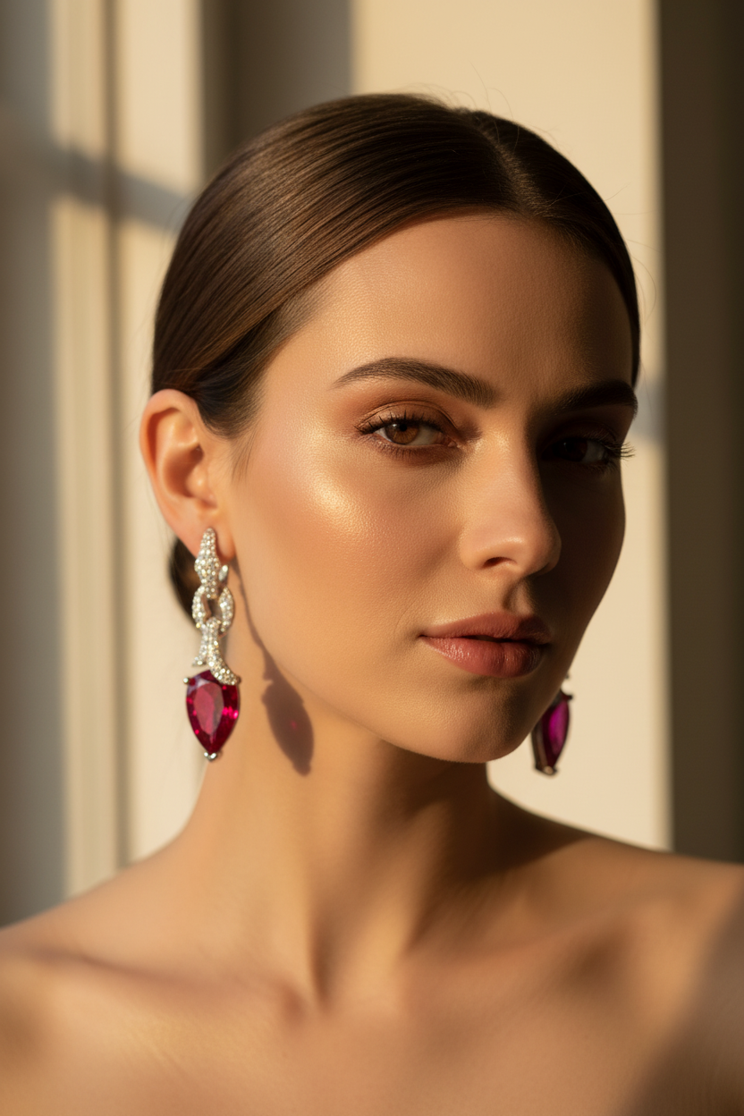 Lab Ruby Pear Drop Earrings — Wear Shot