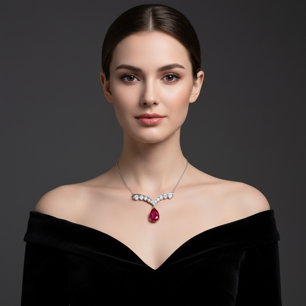 Lab Ruby Pear Drop Tiara Bar Necklace — Square Wear Shot