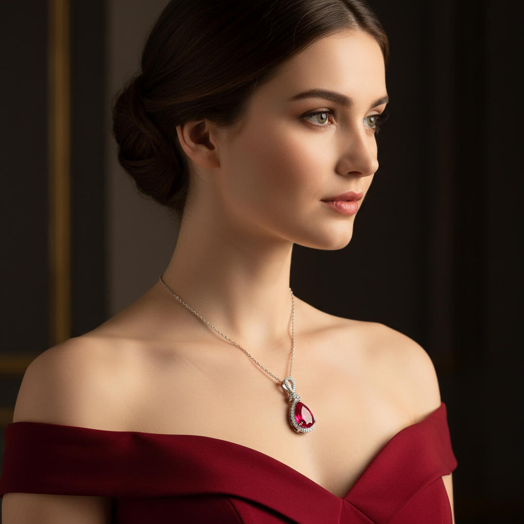 Lab Ruby Pear Halo Three-Element Drop Pendant — Square Wear Shot