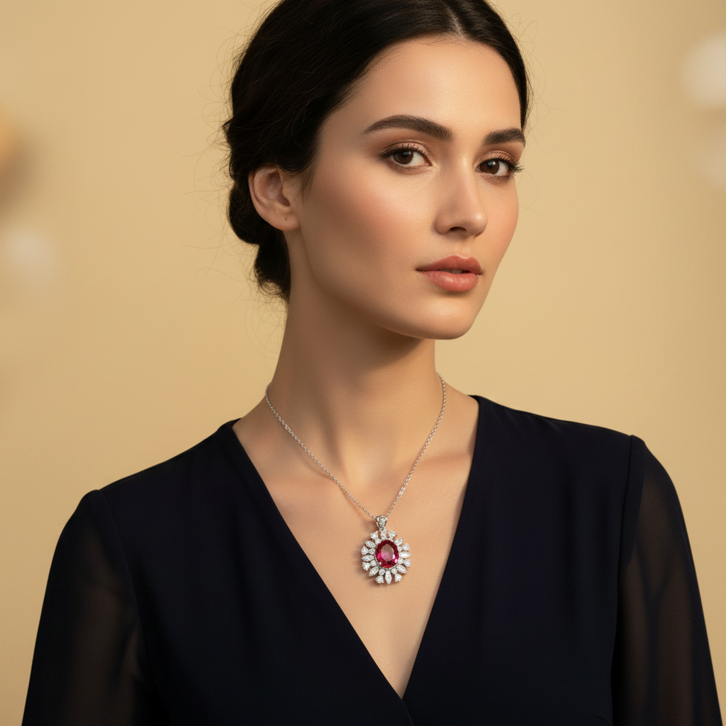 Lab Ruby Starburst Halo Pendant — Square Wear Shot