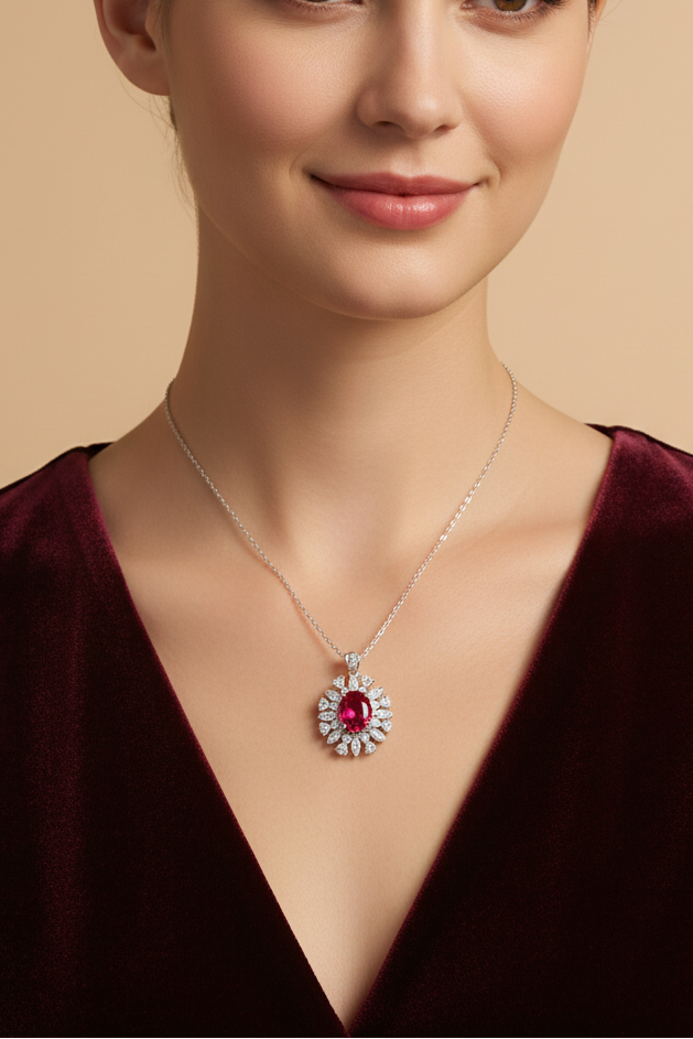 Lab Ruby Sunburst Halo Pendant — AI Wear Shot