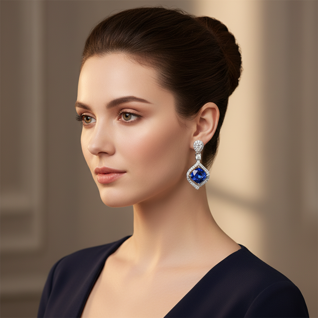 Lab Sapphire Cushion Halo Drop Earrings — Square Wear Shot