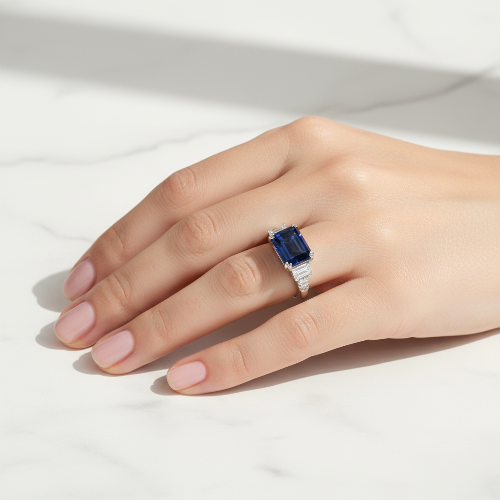 Lab Sapphire Emerald Cut Three-Stone Ring — Square Wear Shot