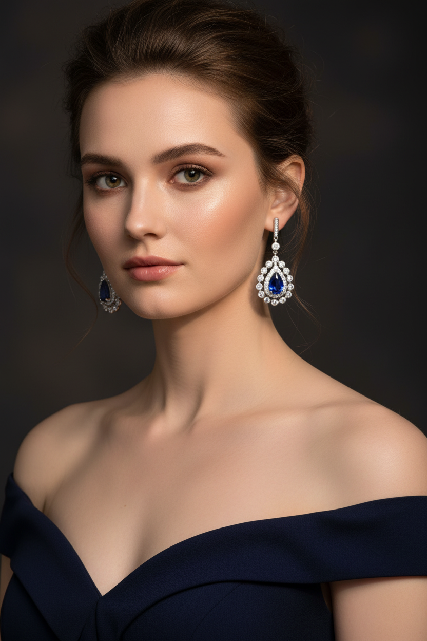 Lab Sapphire Long Drop Earrings — AI Model Wear Shot