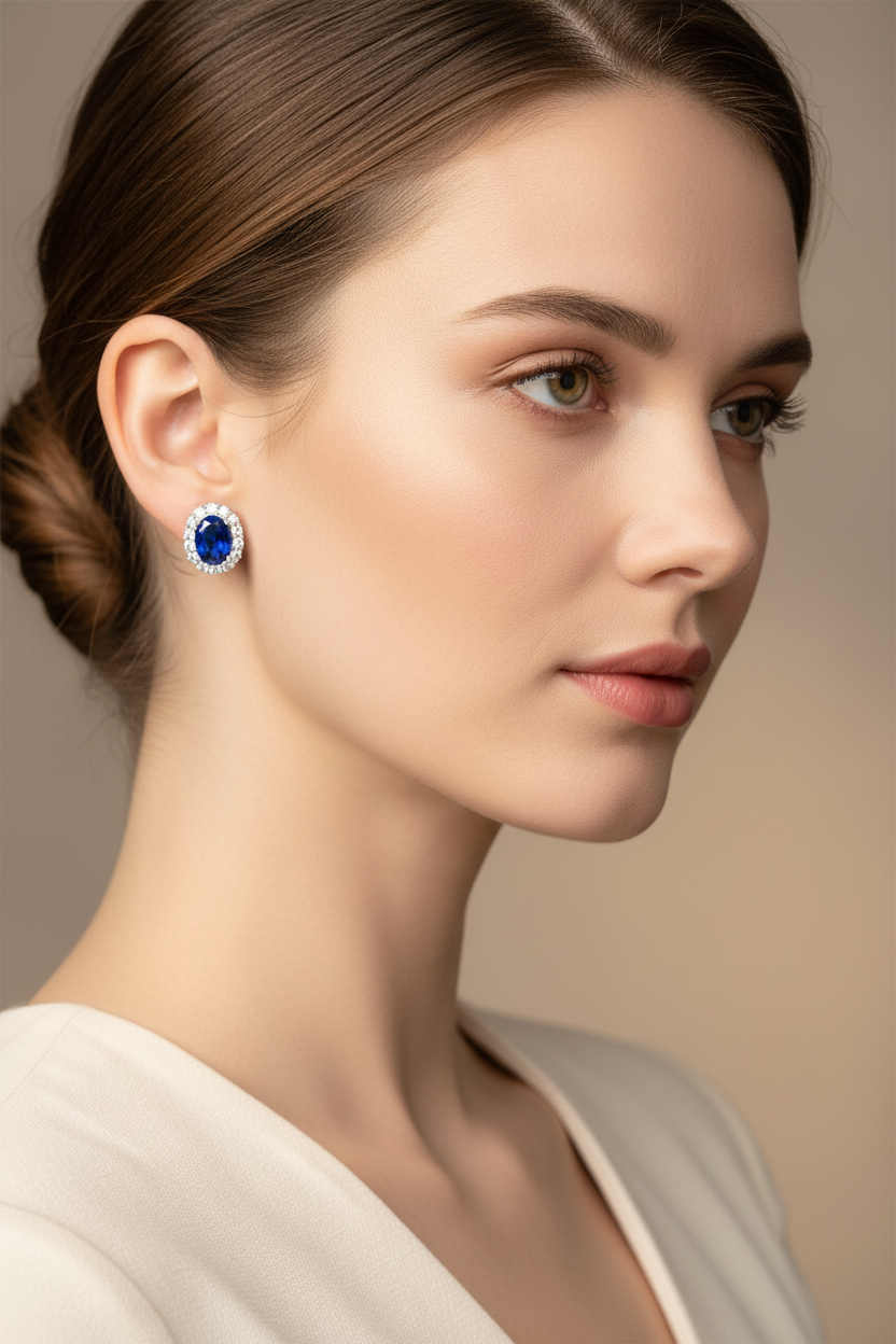 Lab Sapphire Oval Halo Stud Earrings — AI Wear Shot